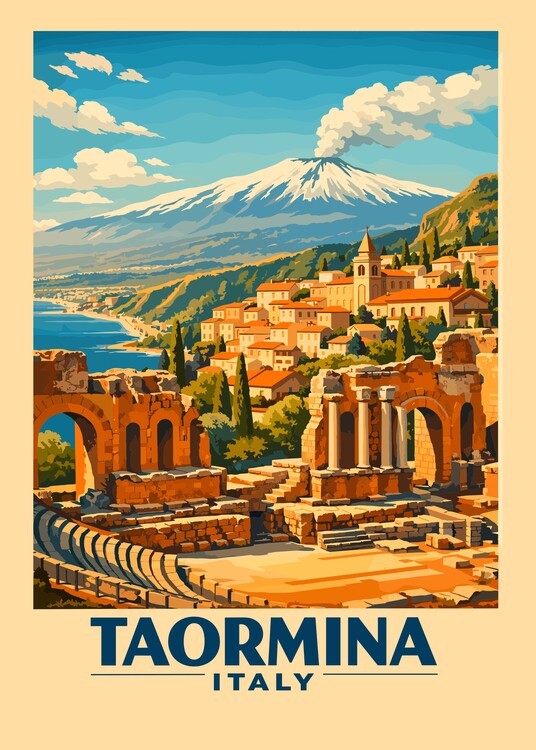 Poster Vintage Travel Taormina Italy