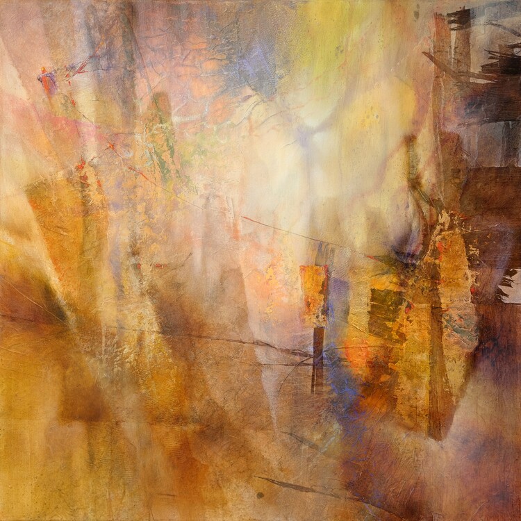 Плакат composition with floating shapes in gold and purple