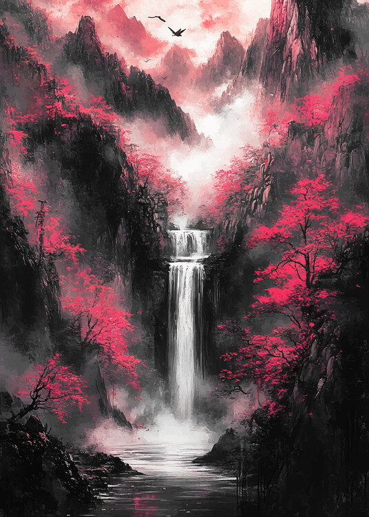Принти на полотні Misty Mountains Waterfall with Cherry Blossoms