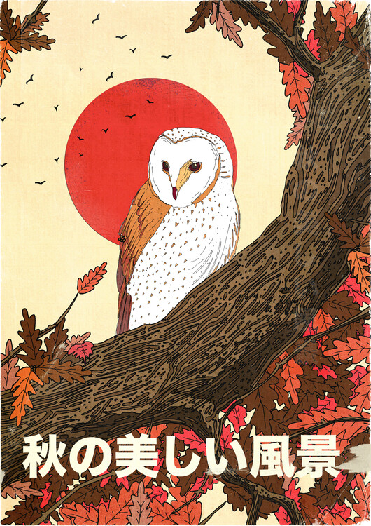 Levně Plakát, Obraz - Autumn Owl Red Sun, Nicholas, 30 × 40 cm