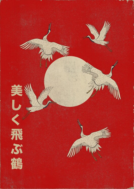 Levně Plakát, Obraz - Cranes and Red Sun, Nicholas, 30 × 40 cm