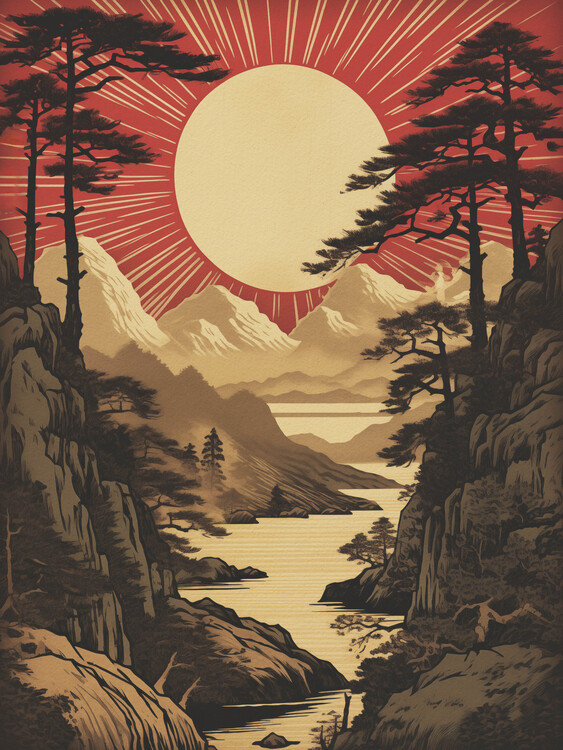 Obraz na plátně Japanese Sun Over Mountains