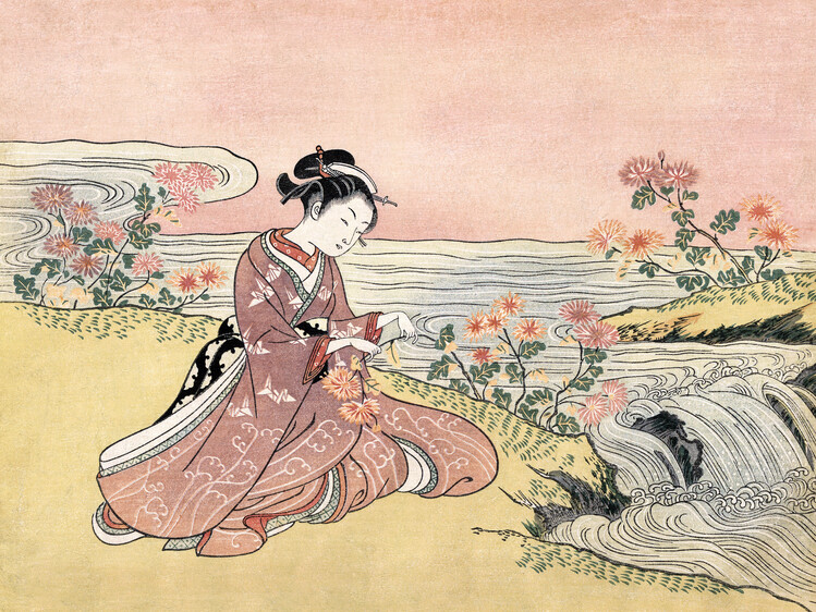 Póster Japanese Woman Picking Chrysanthemum (1725 1770) Vintage Woodblock Print