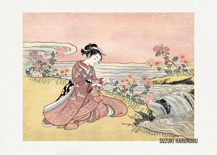 Poster Japanese Woman Picking Chrysanthemum (1725 1770) Vintage Woodblock Print