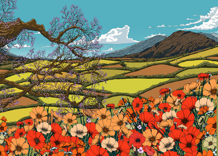 Levně Plakát, Obraz - Poppy Field and Mountains, Nicholas, 40 × 30 cm