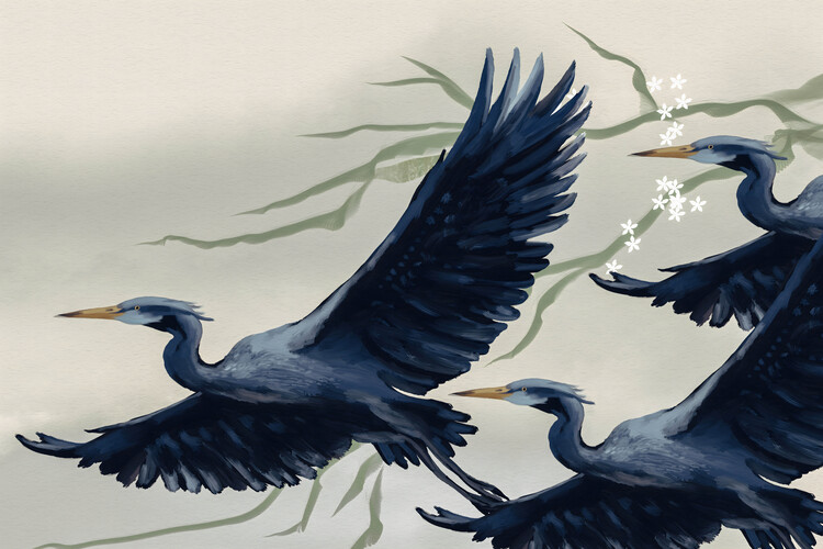 Levně Plakát, Obraz - Flying Herons and Blossoms, Josie George, 40 × 26.7 cm