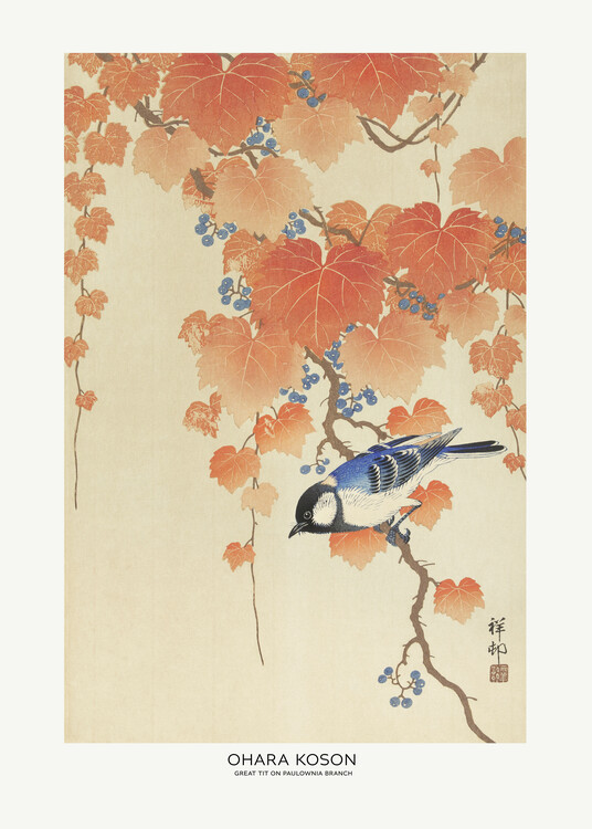 Levně Plakát, Obraz - Great Tit On Paulownia Branch, Ohara Koson, 30 × 40 cm