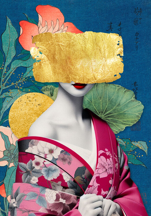 Levně Plakát, Obraz - Japanese Gold Kimono Mask, Marja van den Hurk, 26.7 × 40 cm