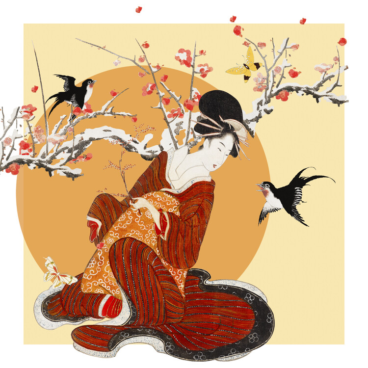 Poster Geisha Plum Blossoms Swallows