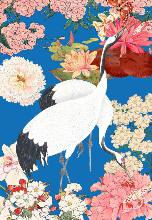 Poster Japanese Cranes Floral Art