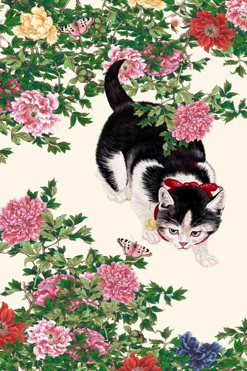 Levně Plakát, Obraz - Curious Cat Peonies, Marja van den Hurk, 26.7 × 40 cm