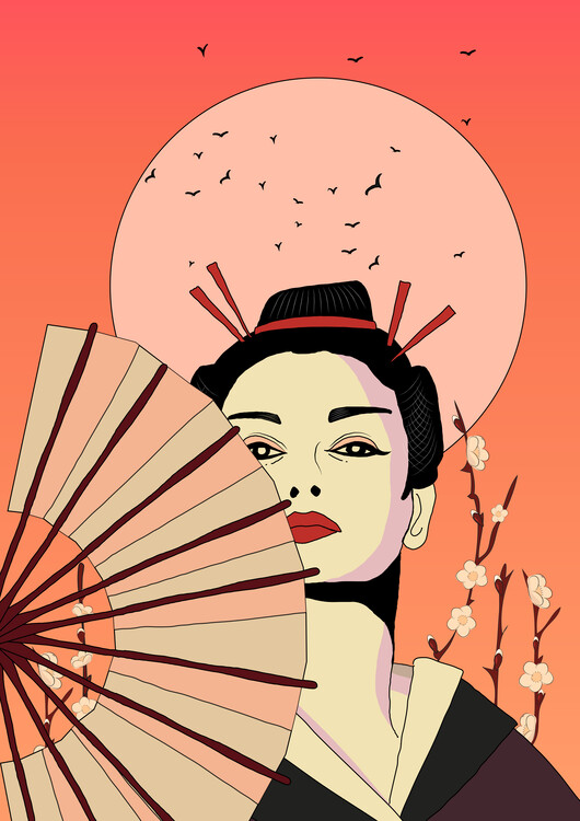 Levně Plakát, Obraz - Japanese Geisha with Fan, Nicholas, 30 × 40 cm