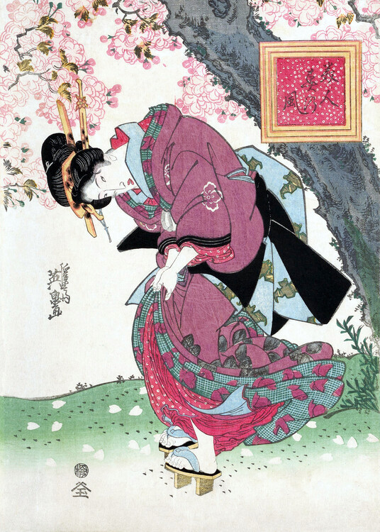 Levně Plakát, Obraz - Japanese Woman and Cherry Blossom (1828) Vintage Woodblock Prints, Keisai Eisen, 30 × 40 cm
