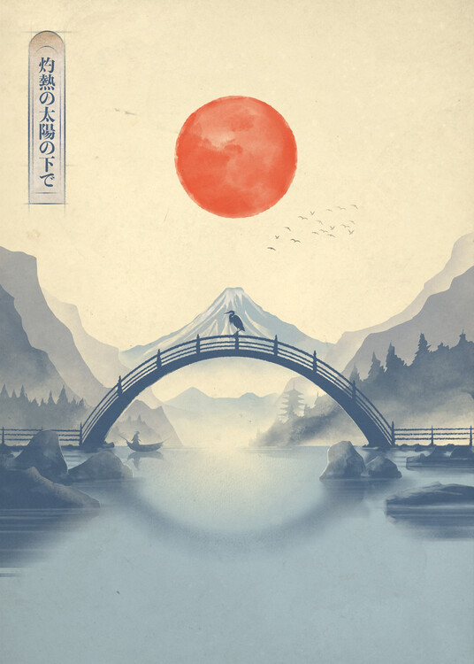 Levně Plakát, Obraz - Japanese Bridge Red Sun, Fadil Roze, 30 × 40 cm