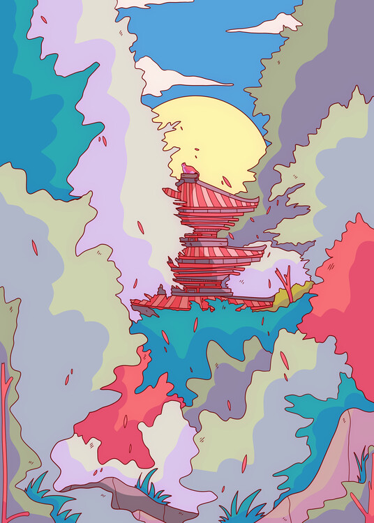 Levně Plakát, Obraz - Moonlit Fantasy Pagoda, Stephen Wade, 30 × 40 cm