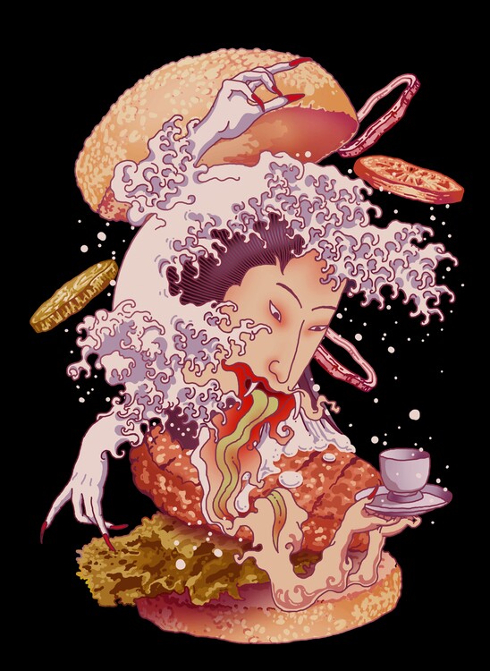 Levně Plakát, Obraz - Ukiyo-e Burger Monster, Adam Lawless, 30 × 40 cm