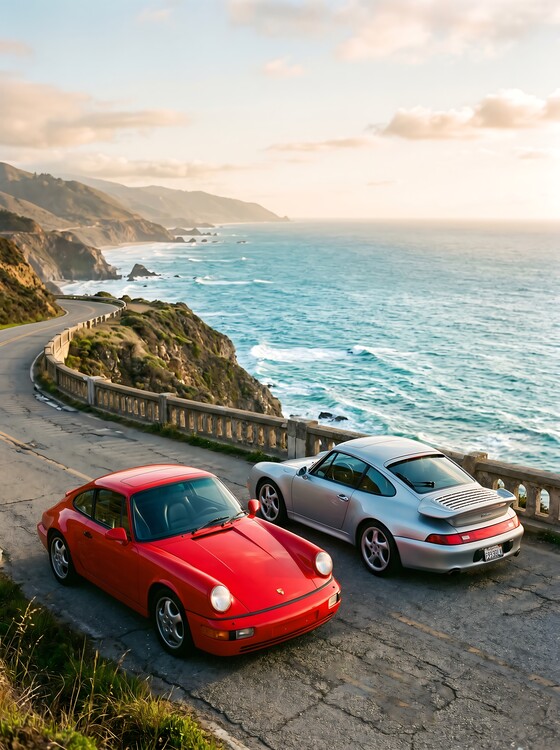 Plakat Pacific Coast Legends - Red & Silver Porsche 911 Duo