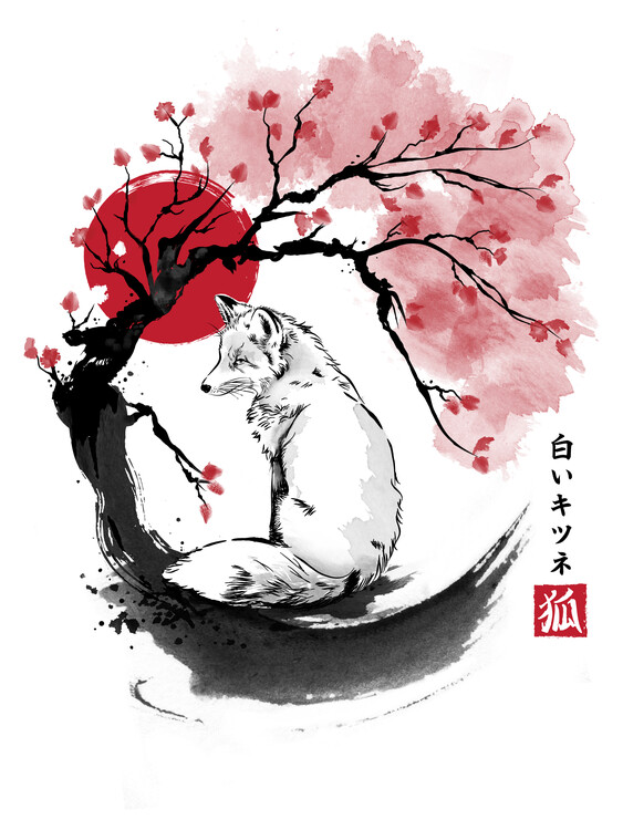Plakát White kitsune sumi e
