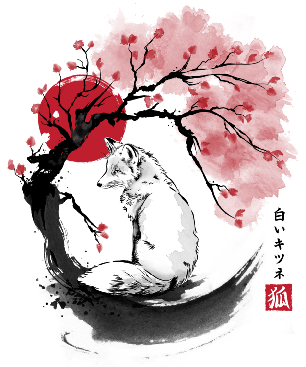 Maglietta White kitsune sumi e