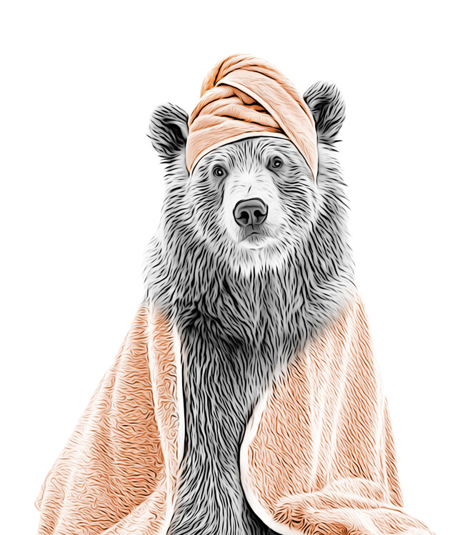 Плакат Relaxed Grizzly Bear in Orange Bathrobe and Turban