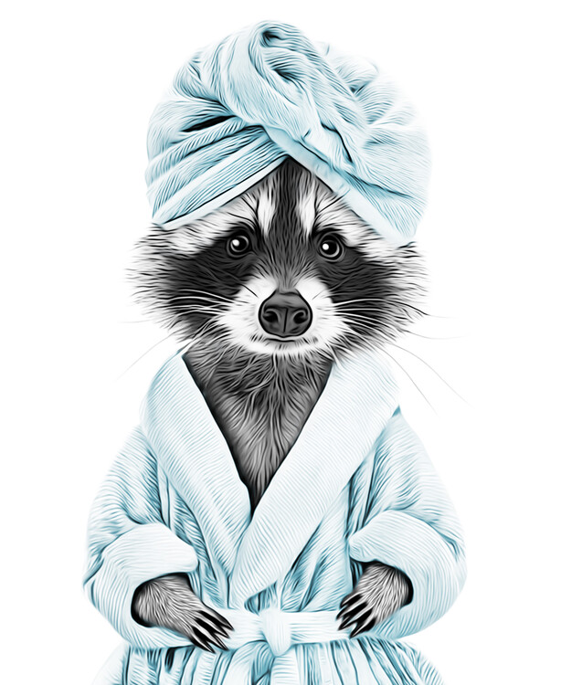 Плакат Relaxed Raccoon in Blue Bathrobe and Towel Turban