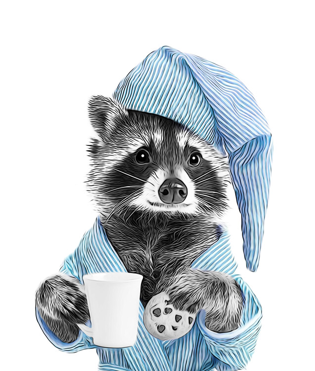 Плакат Sleepy Raccoon in Blue Pajamas and Nightcap with Cookie Wall