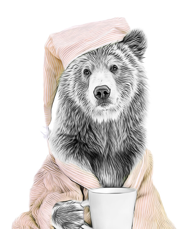 Плакат Sleepy Bear with Pink Nightcap and Mug Wall Art