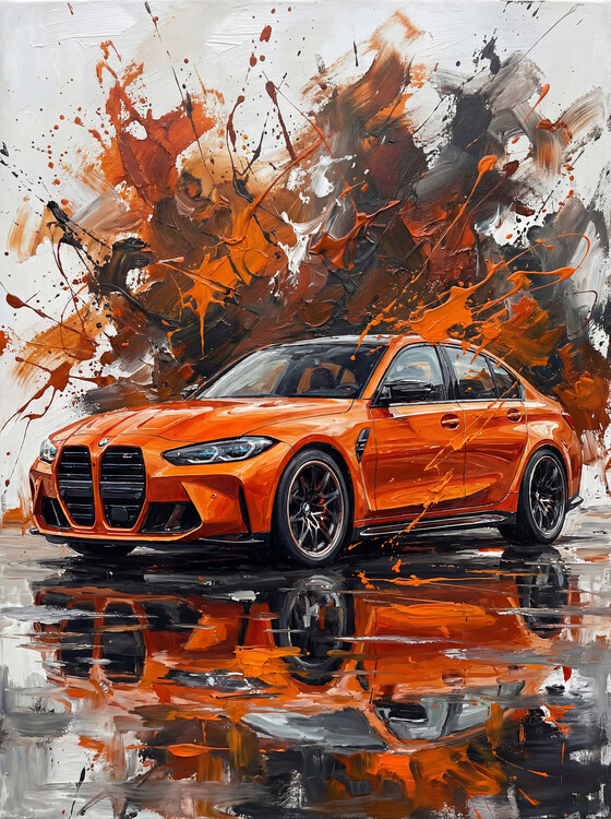 Poster BMW M3 G80: Vibrant Orange Sports Sedan