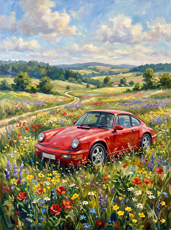 Plakat Classic Red Porsche 911 in a Vibrant Wildflower Meadow