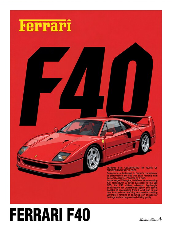 Juliste Ferrari F40 Red Graphic Illustration