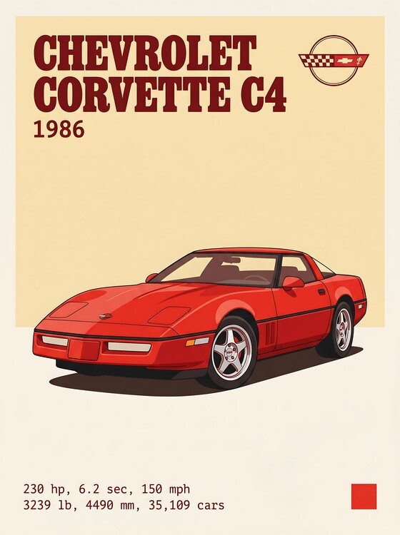 Plakát Chevrolet Corvette C4 Poster - 1986 Red Sports Car Art