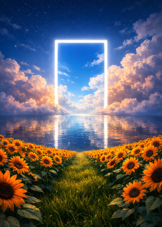 Poster Sunflowers natural pathway leading to the portal