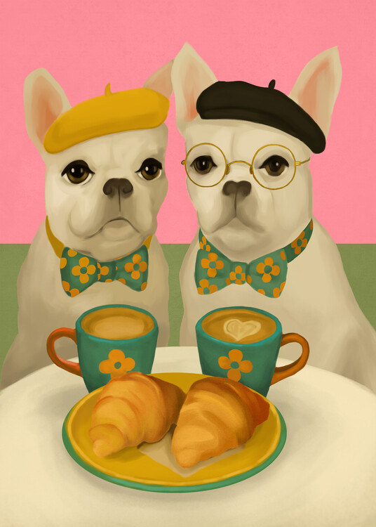 Плакат French Bulldogs at Breakfast Café