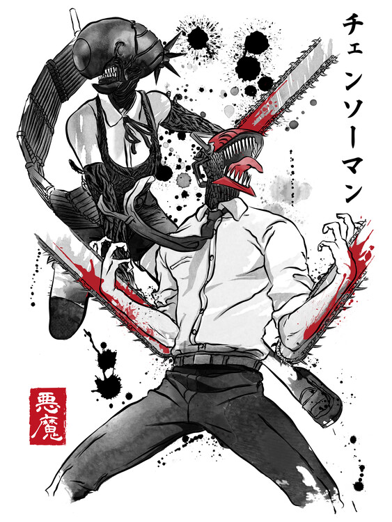 Obraz na płótnie Chainsaw man and the bomb girl sumi e