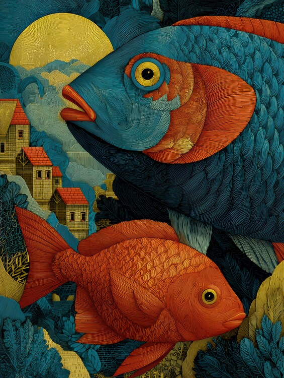 Poster Surreal Moonlit Fish Village
