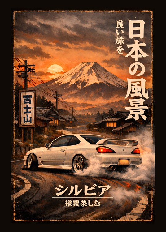 Poster Mt Fuji White Car Japan Sport Car
