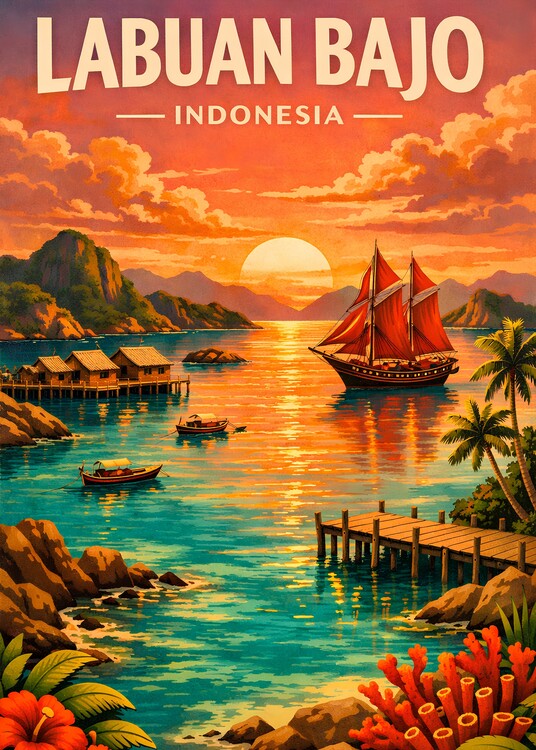 Poster Vintage Labuan Bajo Indonesia Landscape Travel