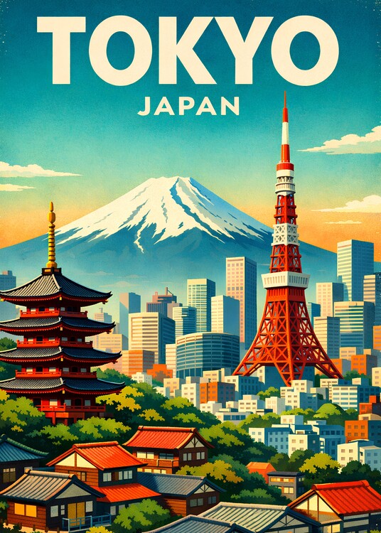 Poster Vintage Tokyo Japan Landscape Travel