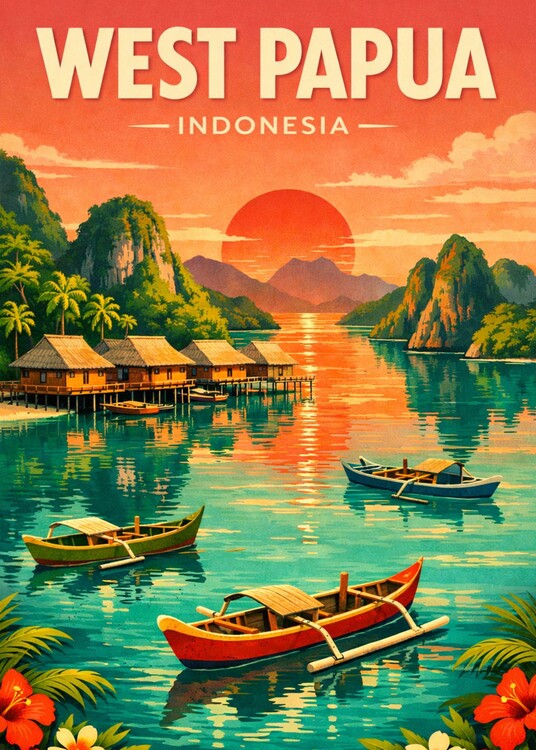 Poster Vintage West Papua Indonesia Landscape Travel