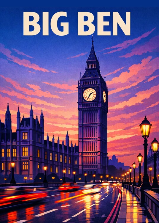 Poster Vintage Big Ben United Kingdom Landscape Travel