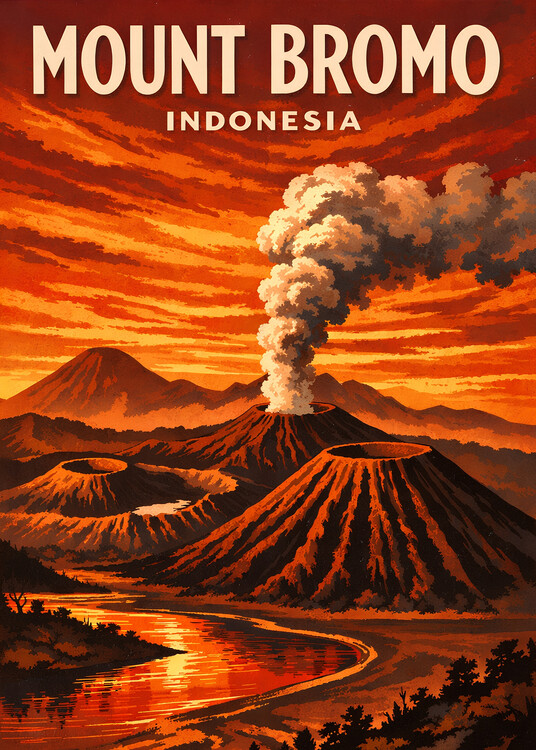 Poster Vintage Mount Bromo Indonesia Landscape Travel