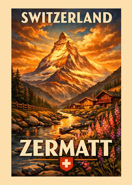 Poster Vintage Zermatt Switzerland Landscape Travel