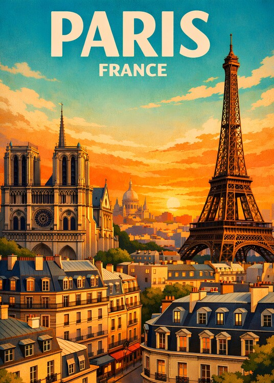 Poster Vintage Paris France Landscape Travel