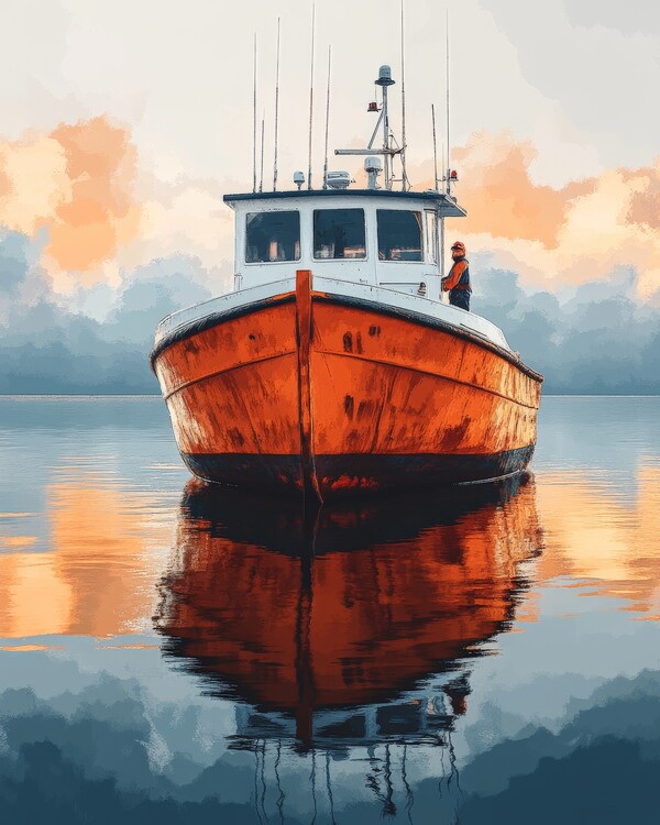 Poster Fishing boat at sunset reflection