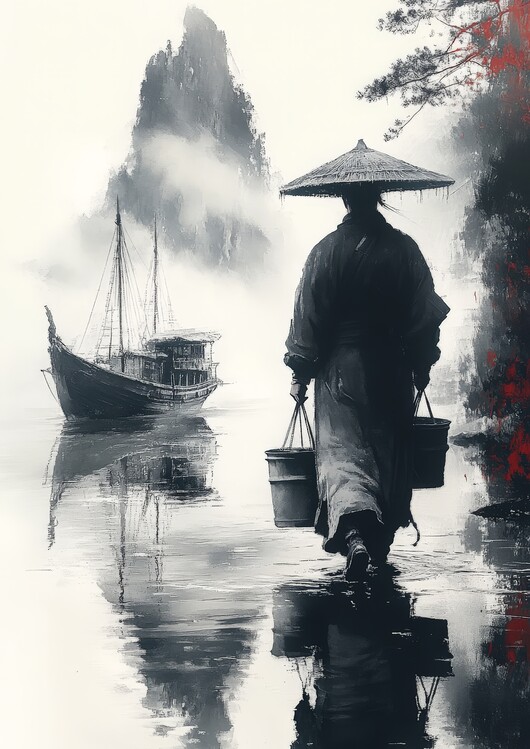 Poster Monk carrying water by a boat