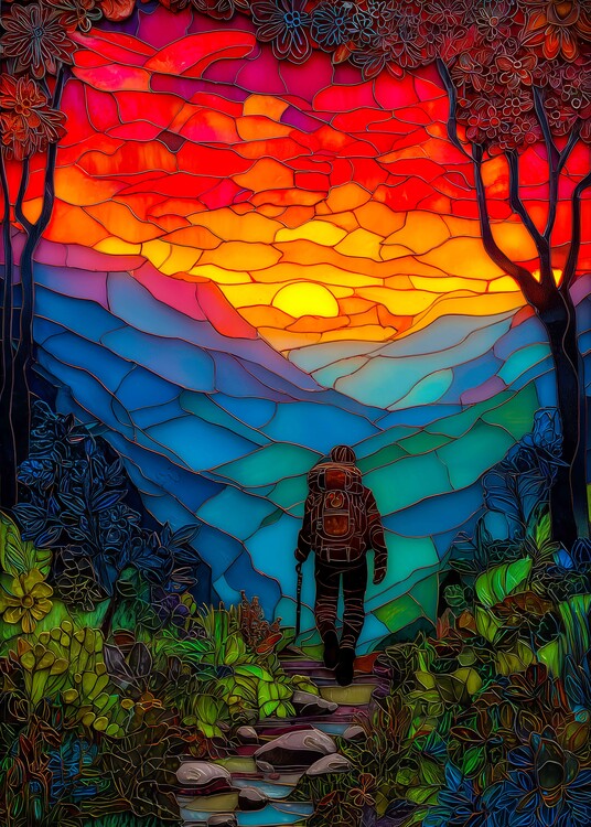Plakát Stained Glass Sunset Hiker Poster – Colorful Mountain Landsc