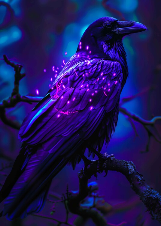 Plakát Mystical Neon Raven Poster – Glowing Purple Gothic Bird Wall