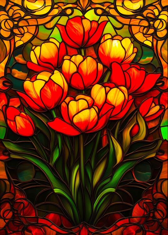 Plakát Stained Glass Tulip Bouquet Poster – Vibrant Floral Wall Art