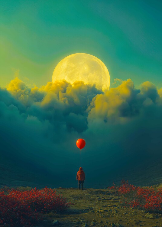 Plakát Red Balloon Moon Dreamscape Poster – Surreal Fantasy Wall Ar