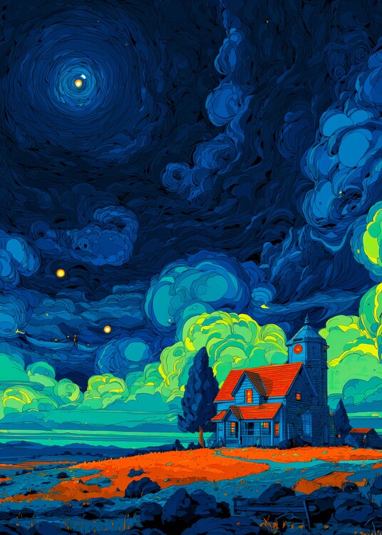 Plakát Dreamscape Cottage Under a Cosmic Sky Poster – Surreal Night